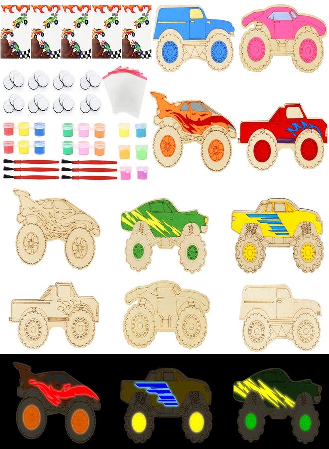 LARDUX Monster Truck Party Favors, 24PCS DIY Wooden Arts & Crafts Painting Kit for Kids, Glow in The Dark Party Favors Family Crafts Birthday Party Christmas Gifts Toys for Boys Girls - Image 3